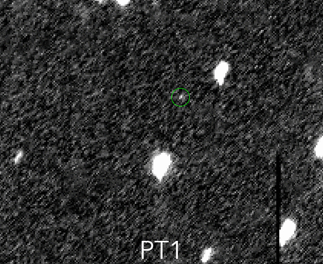 A Hubble-űrtávcső felvételei a PT1-ről 2014 június 24-én. Az aprócska égitest csak 26,8 magnitúdós, túl halvány ahhoz, hogy földi távcsövekkel felfedezzék.
