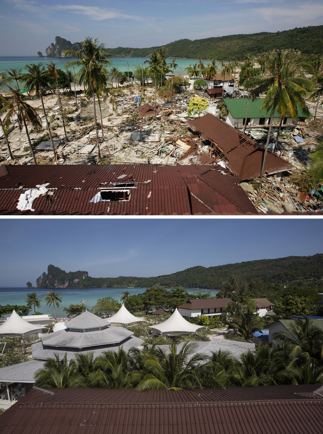 A felső kép 2004-ben, az alsó 2014-ben készült, mindkettőn a turisták körében népszerű, thaiföldi Koh Phi Phi látható