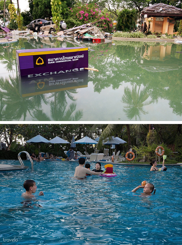 A Holiday Inn medencéje a thaiföldi Phuketen. A felső kép a cunami után készült 2004-ben, a medence vizében egy bankautomata és autók roncsai láthatók. Az alsó, 2014-ben készült képen már turisták strandolnak.