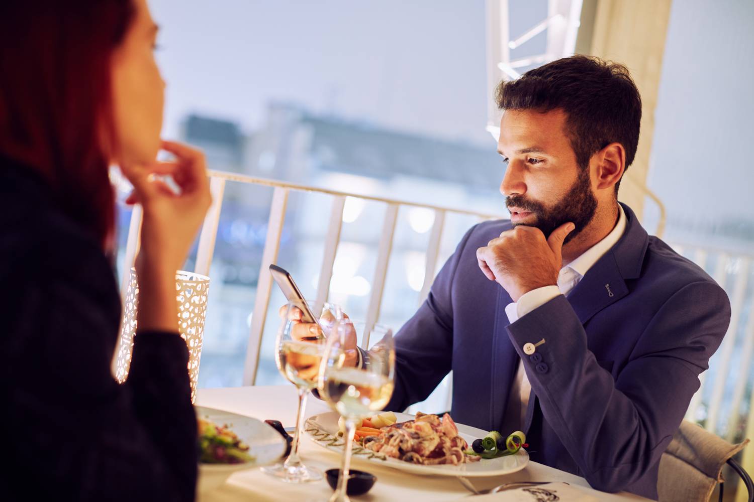 Still dating. Businessmen having dinner. Passive men.