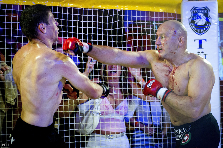 Felföldi Szabolcs (j) és a moldáv Pavel Pokatilov harcol a Magyar MMA Szövetség Tüske Cage Fight Club exkluzív ketrecharc gálaesten az Európa hajón 2012. június 16-án.