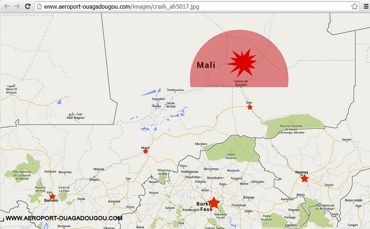 Az Ouagadougou reptér honlapjáról készült felvétel: a térképen vörössel jelölve a terület ahol az AH5017 repült, amikor elvesztették a géppel kapcsolatot.