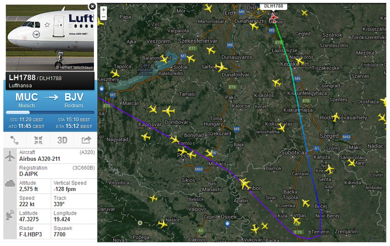 A járat útvonala a Flightradar.com virtuális radarképén.