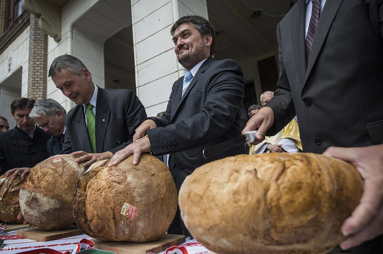 Kapus Krisztián polgármester (k) megszegi az új kenyeret a Szent István-napi ünnepségen Kiskunfélegyházán 2014. augusztus 20-án.