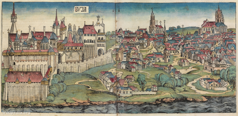 Buda legkorábbi ismert ábrázolása Hartmann Schedel Világkrónikájában (1493). A bal alsó sarokban látható a védett terület: a dunai zárófal, amit a kortinafalak kapcsolnak a felsőbb részekhez