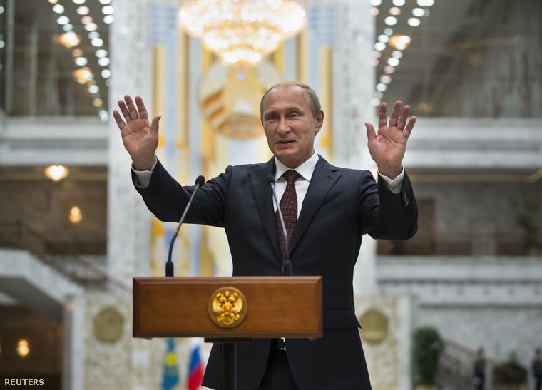 Vlagyimir Putyin orosz elnök a minszki találkozó után tartott sajtótájékoztatón, 2014. augusztus 27-én.