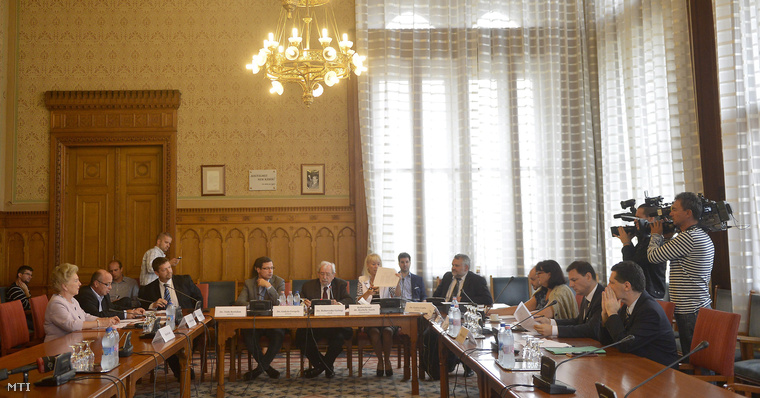 Rubovszky György az Alkotmánybíróság tagjait jelölő eseti bizottság elnöke (k) felszólal a testület ülésén a Parlament Nagy Imre-termében.