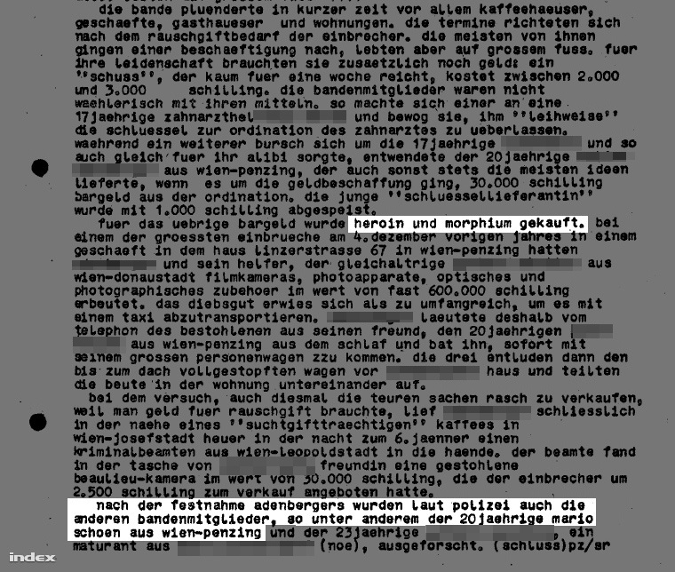 Egy 1979-es bűnügyi hírügynökségi jelentés, amelyben szerepel Mario Schön, mint egy erőszakos betörőbanda tagja.