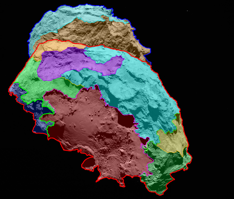 A 67P magjának geomorfológiai térképe az OSIRIS képfelvevő rendszerének felvételei alapján. A magot alkotó két összetevő test közül a nagyobbik van felénk, a kisebbik pedig távolabb. A felénk forduló “talpon&rdquo; egy nagy, jellegzetes síkság/medence dominál (téglavöröses barna szín), a nagyobbik és kisebbik testen a világoskék szín a táblahegyekkel borított területeket jelöli. A két test közötti befűződést &ndash; rajta sok felszíni repedéssel &ndash; kávébarna szín jelöli. A zöld, sárga és sötétkék területek mélyedésekkel, kiemelkedésekkel, valamint tömbökkel tarkított területek