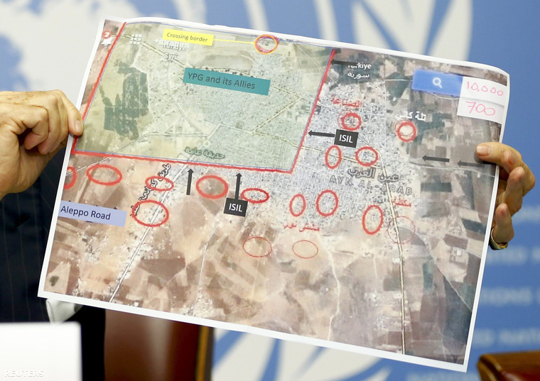 ENSZ-sajtótájékoztató Kobaniról, egy térképen mutatják éppen, hogy mi a helyzet. 