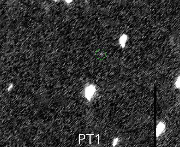A Hubble-űrtávcső felvételei a PT1-ről 2014 június 24-én. Az aprócska égitest csak 26,8 magnitúdós, túl halvány ahhoz, hogy földi távcsövekkel felfedezzék.
