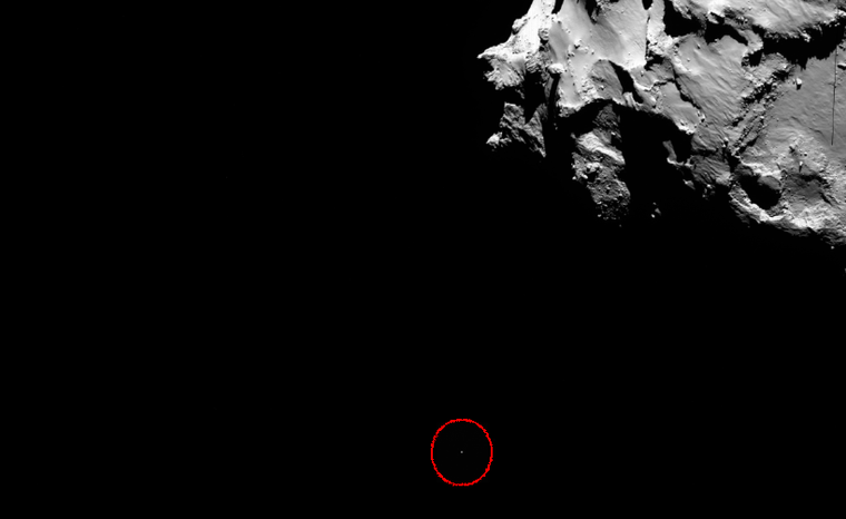 Az apró fehér pont a Philae leszállóegység, amint az üstököshöz közelít