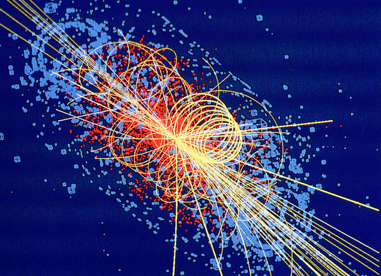 Az illusztráció azt mutatja, hogy két, nagy energiával ütköző proton egy Higgs-bozont kelt, ami viszont azonnal két τ-részecskére bomlik, míg a maradék energia két jet formájában sugárzódik ki. A köztük lévő szög árulkodhat majd arról, hogy a Higgs-bozon vajon CP-sértő vagy sem. (SLAC National Accelerator Laboratory)