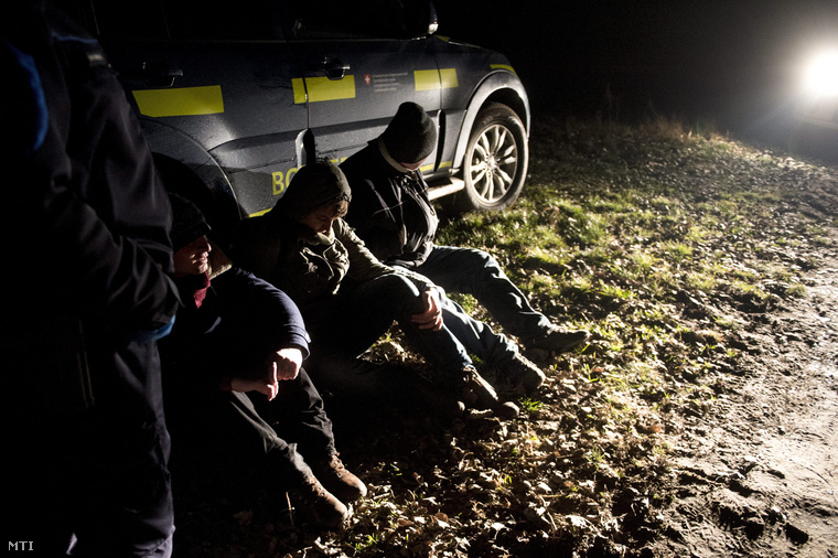 Rendőrök és polgárőrök által elfogott, Szerbia irányából érkező illegális határátlépők Röszke határában 2015. január 9-én. A menekültek embercsempészek segítségével lépik át Magyarország határát amely egyben az EU schengeni határvonala is.