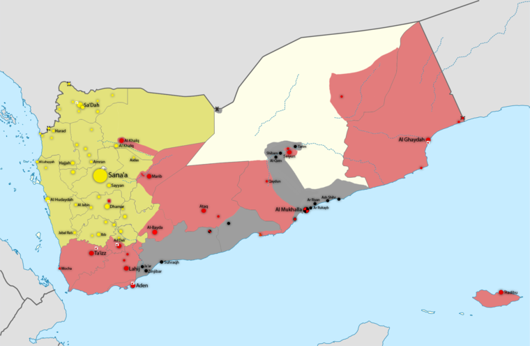 Zölddel a húszik, pirossal a jemeni kormányerők, feketével az AQAB (a jemeni al-Kaida) által január 15-én uralt területek