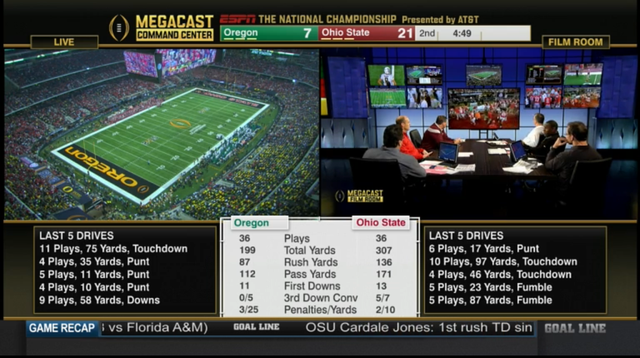 Pillanatkép az ESPN Command Center adásából - balra az közvetítés élő képe, jobbra a Film Room az edzőkkel és szakértőkkel, alul pedig a két csapat legfontosabb statisztikái