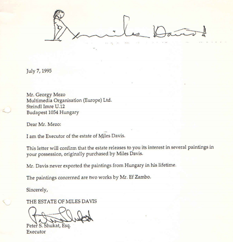 Miles Davis ügyvédjének levele Mező Györgynek, amiben lemond a Davis tulajdonában lévő képekről.