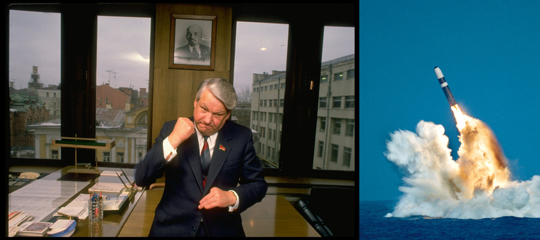 Borisz Jelcin a moszkvai irodájában, és egy Trident rakéta indítása tengeralattjáróról.