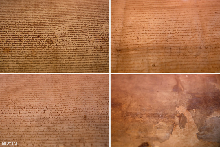 Részletek a nemrég kiállított 4 Magna Carta példányból (Salisbury Magna Carta, Lincoln Magna Carta, Canterbury Magna Carta, London Magna Carta)
