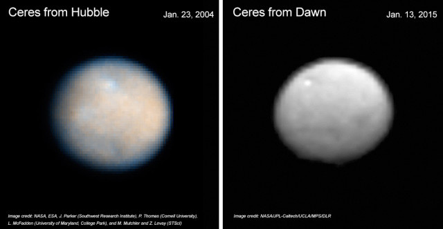 A Ceres 11 év különbséggel: balra a HST, jobbra a Dawn felvétele