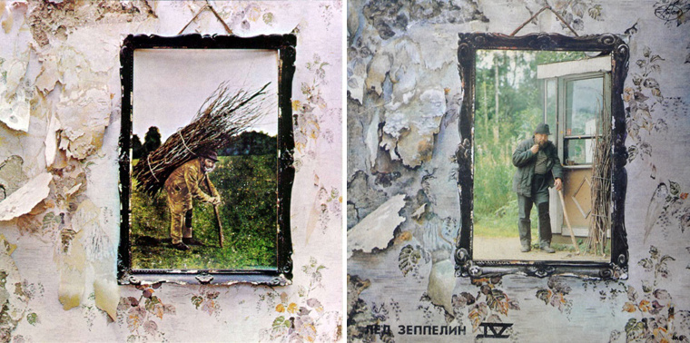 Led Zeppelin: IV – A rőzsét hordó embert ábrázoló 19. századi olajfestményt maga Robert Plant vásárolta egy ószeresnél, itt viszont a helyén egy bódénál megpihenő ember fényképe látható. A fotózás fáradtságos lehetett, mert a festményen található rőzse a fotón az építménynek támasztva látható.