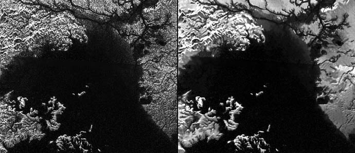 A Ligeia Mare partvonala: balra a zajos, jobbra a zajszűrt felvétel. A tóba futó sok kis csatorna sokkal jobban kirajzolódik.