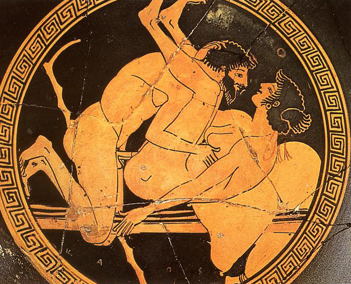Sexual scene at a red-figure tondo of a kylix at the Museo nazio