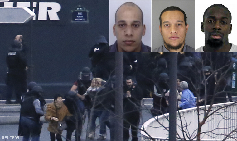 A párizsi túszdráma túlélőinek szabadulása, jobbra fenn a túszejtő és a Charlie Hebdo-merénylők portréi.