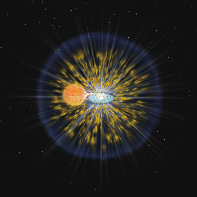 Fantáziarajz egy klasszikus nóvarobbanásról. Az elmélet szerint a robbanás egy kettős fehér törpe komponensének (középen jobbra) felszínén következik be, amelynek másik komponense (középen balra) a Napunkhoz hasonló fősorozati vagy egy, a fősorozatról már elfejlődött csillag. Ha a két csillag közötti távolság elég kicsi, egy akkréciós korongon keresztül a kísérő külső rétegeinek gázanyaga átáramlik a fehér törpe felszínére, a növekvő gázréteg hőmérséklete és sűrűsége pedig egyre nő. Egy idő után a vékony héj instabillá válik és robbanásszerű termonukleáris reakció indul be benne, ami ledobja a felgyülemlett gázt.