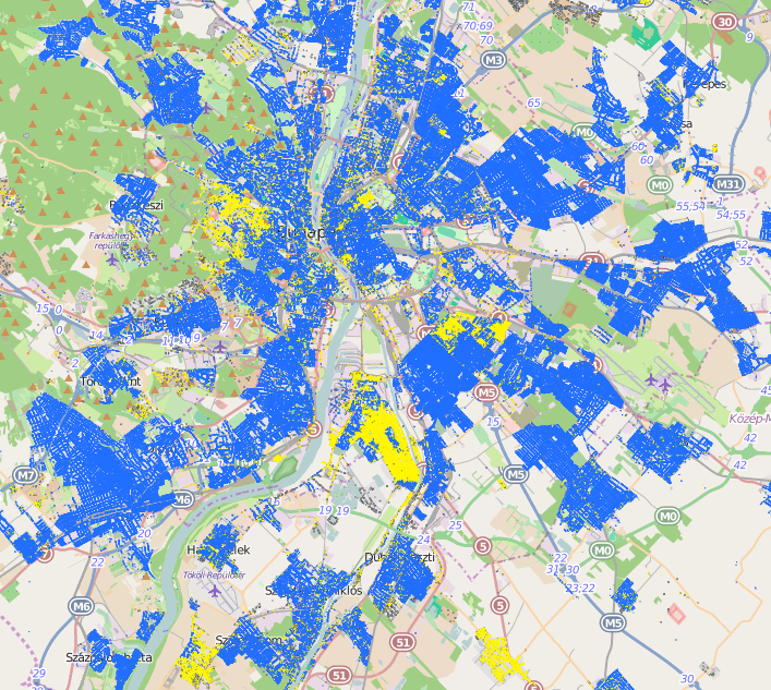 A térkép nem nyilvános, ezért csak néhány részletet tudunk bemutatni róla. A kék szín jelzi azokat az épületeket, amelyekben 30 megabitnél nagyobb sávszélesség is elérhető, míg a sárga jelzi a legfeljebb 30 megabites végződéseket. A fehér foltoknál egyáltalán nem lehetséges internetelérést biztosítani.