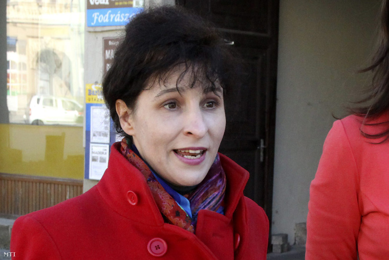 Sallee Barbara humánökológus oktató tanácsadó, az LMP országgyűlési képviselőjelöltje (b) beszél bemutatkozó sajtótájékoztatóján; mellette Szél Bernadett, az LMP társelnöke (j) Tapolcán a Fő téren 2015. február 20-án.