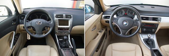 Ég és föld a két autó üléspozíciója között. A Lexus inkább a kényelmes, tespedős, magasan ülős pozíciót támogatja, míg a BMW-ben egyszerűen pazar ülni: mélyen, jó kézre eső kormánnyal és váltóval, valahogy jobban is érezni az autó mozgását. Ráadásul a Lexus A-oszlopa szinte ráborul a fejünkre. Két külön világ, de sportosságban még mindig a BMW a nyerő. Komfortban nem