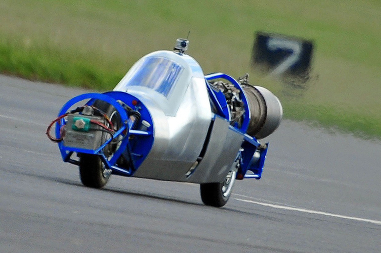 Stripped down Jet Reaction jetbike being tested on the runway at