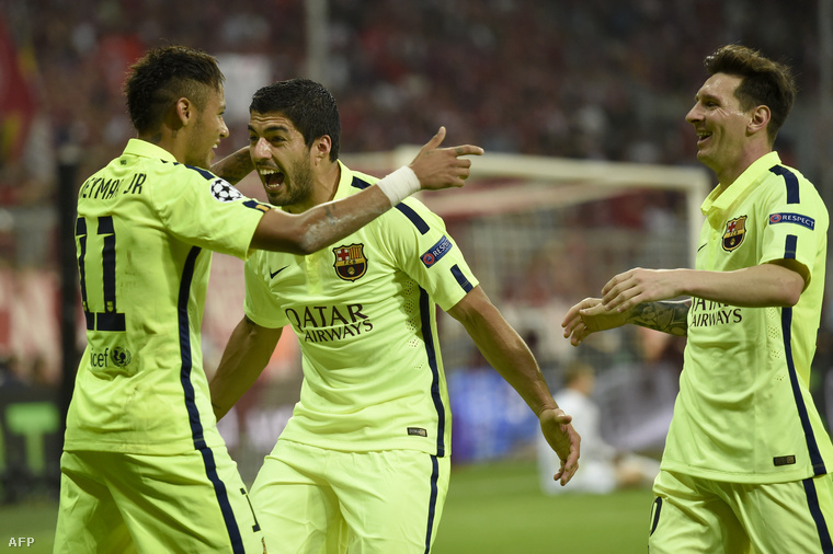 Neymar, Suarez és Lionel Messi a Bayern München-Barcelona meccsen,  2015. május 12-én.