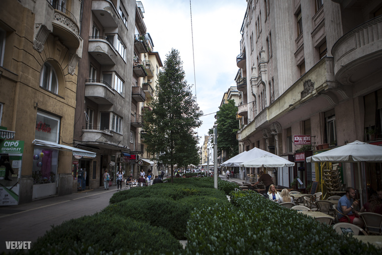 A Hollán Ernő utcát évekkel ezelőtt felújították, kávézók, éttermek teraszai és szökőkút díszíti